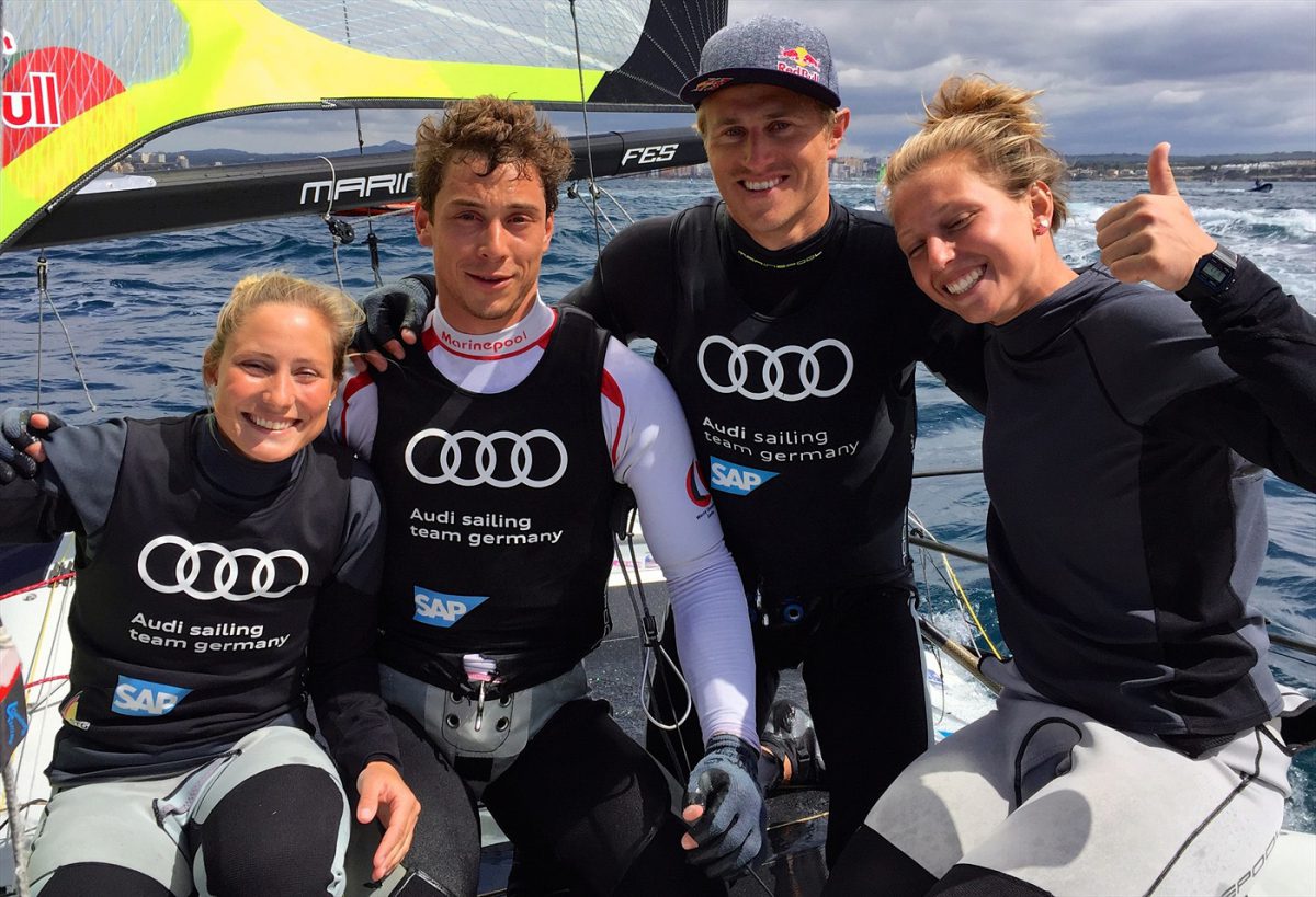 Nehmen Kurs auf Rio: die 49er und 49er FX Teams Victoria Jurczok (Verein Seglerhaus am Wannsee), Thomas Plößel, Erik Heil (beide Norddeutscher Regatta Verein) und Anika Lorenz (Verein Seglerhaus am Wannsee) Foto: Sailing Team Germany