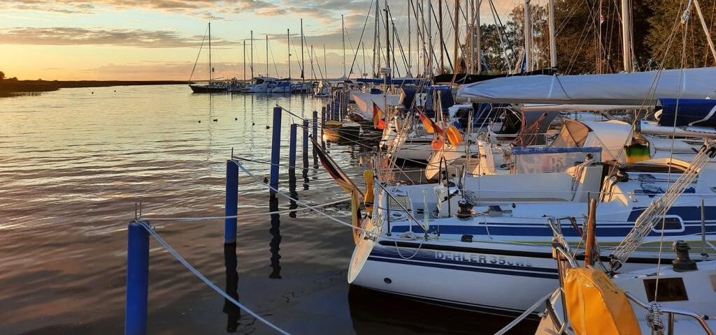Segelyachten liegen in einem Ostseehafen am Steg, im Hintergrund sindBäume zu sehen. Die Sonnen geht unter.