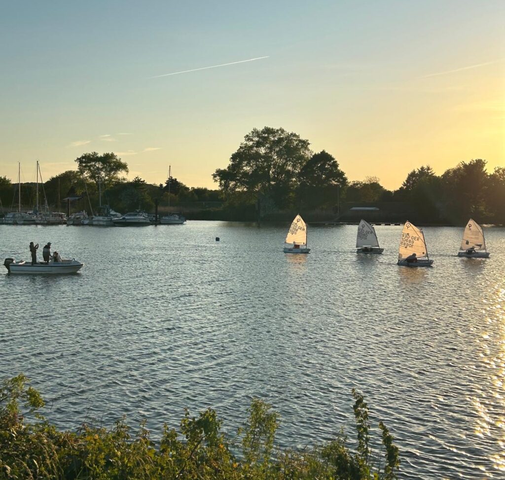 Vier kleine Segelboote auf dem Wasser. Ein Motorboot begleitet die Kinder, die mit den kleinen Booten trainieren.