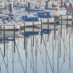 Viele Yachten, die Masten spiegeln sich im Wasser.