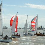 Einige Yachten segeln mit weißen und bunten segeln auf dem Fluss Elbe. Die Sonne scheint, das Wasser glitzert.