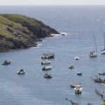 Viele kleine Motorboote und größere Segelyachten ankern in einer Bucht. Links und rechts sind Felsen, die Sonne lässt das Wasser glitzern.