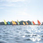 Viele Windsurfer surfen auf dem Wasser. Die Sonne bringt das Wasser zum Glitzern.